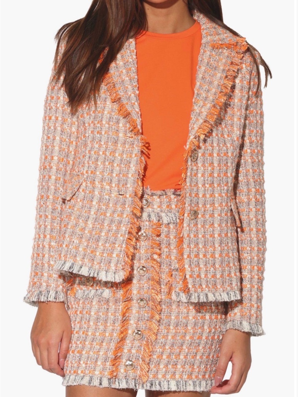 Walter Baker Orange & Cream Tweed Fringe Blazer